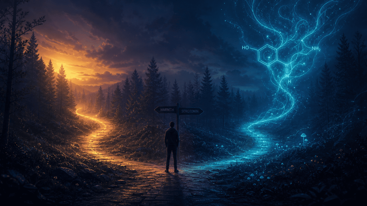 Illustration of psilocybin and SSRIs interacting with serotonin receptors in the brain