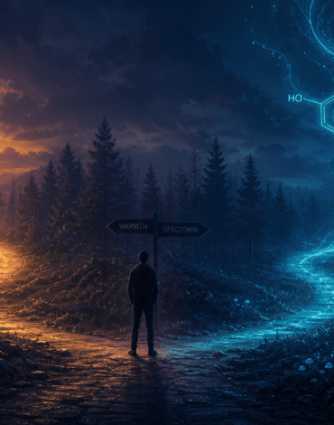 Illustration of psilocybin and SSRIs interacting with serotonin receptors in the brain