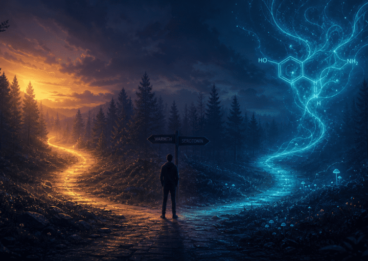 Illustration of psilocybin and SSRIs interacting with serotonin receptors in the brain