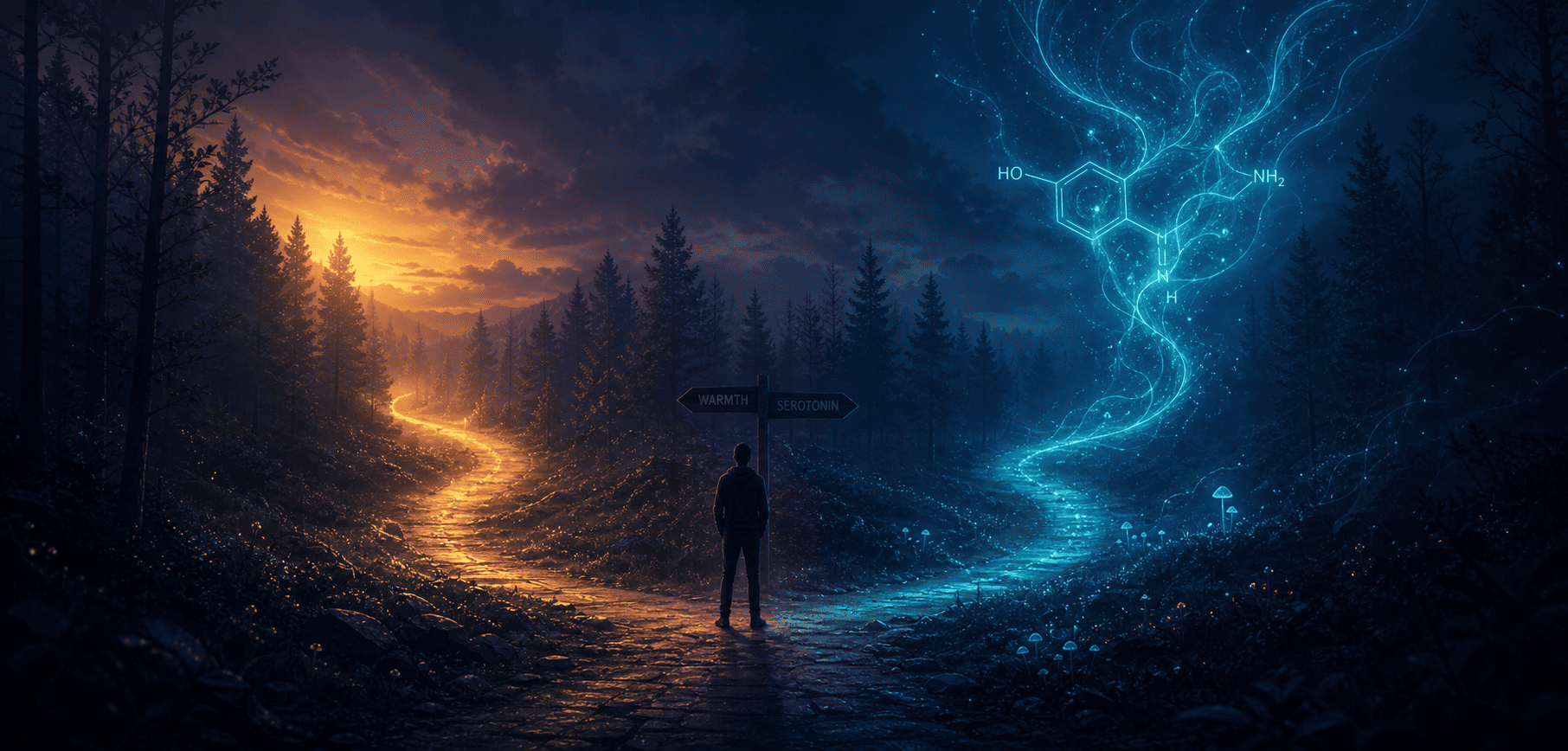 Illustration of psilocybin and SSRIs interacting with serotonin receptors in the brain